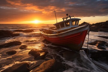 Wall Mural - Fishing boat on the beach at sunset, beautiful natural background, Sunset shot of a small fishing boat in rough Tide, AI Generated