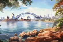 Sydney Opera House And Sydney Harbour Bridge, Australia. Digital Painting, Sydney Harbour View With Opera House, Bridge And Rocks In The Foreground, AI Generated