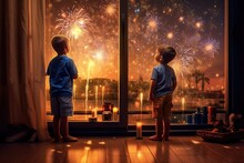 Little Boy And Girl Looking At Fireworks On The Background Of The Window.