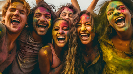 Wall Mural - Multiethnic group of young cheerful friends playing with colorful holi powder celebrating summer festival at park