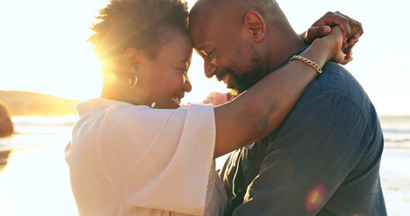 Canvas Print - Couple, hug or smile on beach with love, bonding and sunlight for holiday, vacation or relationship. Black people, man or woman with embrace, happy and romance by ocean or sea for travel or adventure