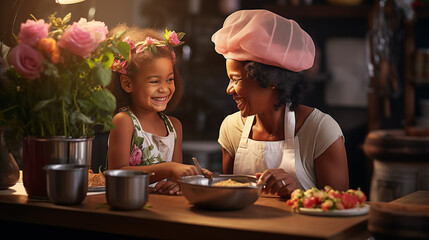 Candid photo of a contented grandmother in a chef’s hat and apron teaches to cook a cheerful granddaughter in a modern kitchen