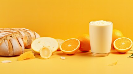 Wall Mural - White and yellow background with flour and other ingredients, egg slices, fresh eggs, milk