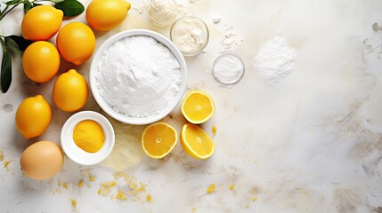 Wall Mural - White and yellow background with flour and other ingredients, egg slices, fresh eggs, milk