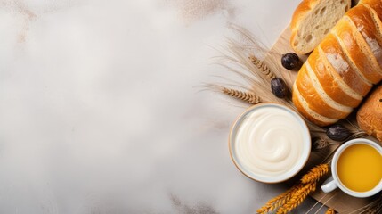 Wall Mural - White and yellow background with flour and other ingredients, egg slices, fresh eggs, milk