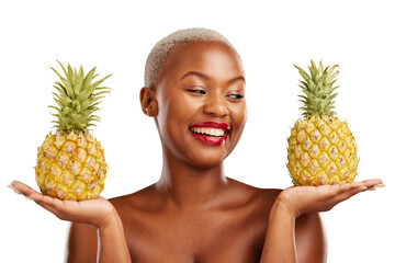 Wall Mural - Black woman, smile or pineapple skincare, diet nutrition or beauty for wellness, health or fruits. Happy, cosmetics or African person with makeup or food choice isolated on transparent png background