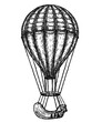 Illustration of aerostat in vintage engraved style. Hot air balloon. Ink sketch of aerostat isolated on white background. Hand drawn vector illustration. Retro style.