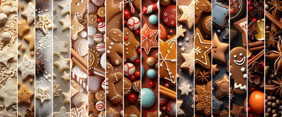 Wall Mural - Colorful abstract background with Christmas sweet, gingerbread piece and cookie stripes. Concept of Christmas, holiday and New Year food. Horizontal composition, banner.