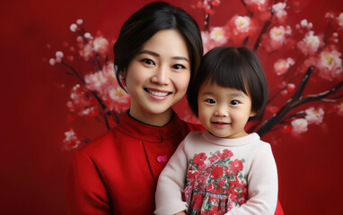 Canvas Print - Chinese mother and kid, Chinese new year traditional background, lunar spring festival