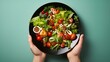 A pair of small hands gripping a paper plate adorned with a fresh salad,