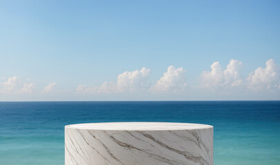  product placement. Summer landscape scene with marble podium. Beauty products and cosmetics presentation. Top view scene with blue water, ocean or sea. Natural background