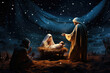 Nativity story - Joseph, Mary and newborn baby Jesus Christ. Christian Christmas scene with holy family in dark blue night. Birth of Salvation, Messiah, Emmanuel, God with us