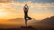 woman meditating in yoga pose on a mountain, sunrise