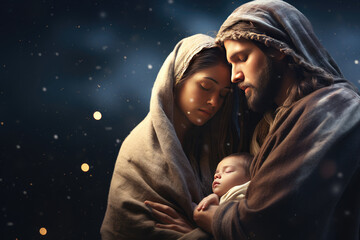 Wall Mural - nativity scene with mary, joseph and newborn baby jesus. christian christmas scene with holy family.