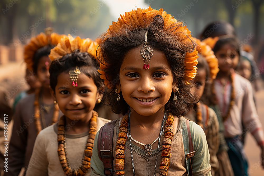 portraits of children of Indian origin celebrating the republic day of india, they are in a gathering of people and there are Indian flags. republic of india