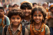 portraits of children of Indian origin celebrating the republic day of india, they are in a gathering of people and there are Indian flags. republic of india