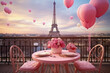 Valentine's Day table set for romantic breakfast in Paris decorated with baloons and flowers. Table on the balcony overlooking the Eiffel Tower