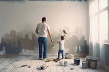 Father And Small Son Are Painting Wall Together With Paint Rollers. Father's Day. Labour Day