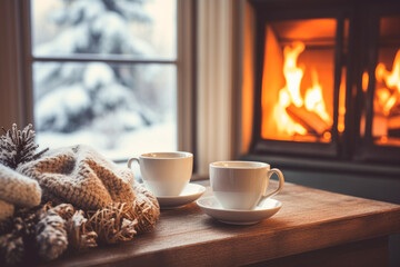 Two cups of coffee on a wooden table with a fireplace behind them.