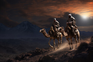 Wall Mural - Christmas nativity story. Three wise man on camels against star of Bethlehem in night background. Christian Christmas concept. Birth of Jesus Christ, Salvation, Messiah, Emmanuel, God with us, hope