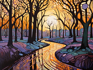 Sticker - Stylized oil painting. Sunset in the forest