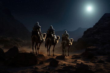 Poster - Christmas nativity story. Three wise man on camels against star of Bethlehem in night background. Christian Christmas concept. Birth of Jesus Christ, Salvation, Messiah, Emmanuel, God with us, hope