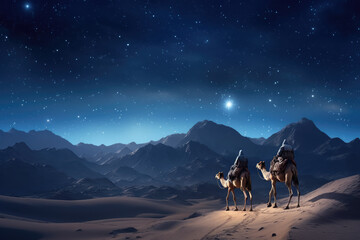 Sticker - Christmas nativity story. Three wise man on camels against star of Bethlehem in night background. Christian Christmas concept. Birth of Jesus Christ, Salvation, Messiah, Emmanuel, God with us, hope