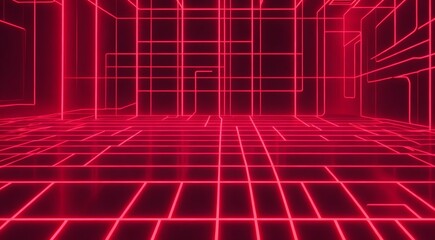 Canvas Print - Virtual cyber space background made of red neon grid lines from Generative AI