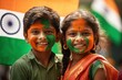Happy Indian children stand proudly before tricolor Indian flags, celebrating their nation with smiles and joy