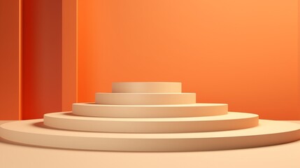 Wall Mural - Cream, beige, and orange cylinder pedestal podium with a realistic set of steps in an abstract three-dimensional interior. 