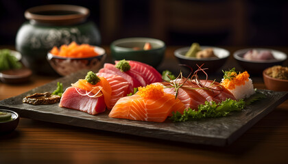 set of sushi in a round wood tray.fill with salmon , onigiri and more fresh and delicious sushi.AI generative