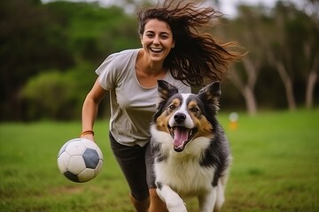 Happy young woman playing with Australian Shepherd dog and ball in the park