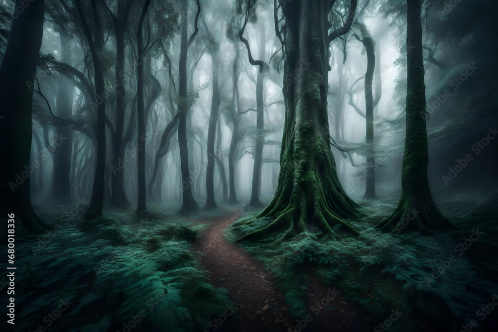 Imagine A dense fog rolling over a mysterious, ancient forest ...