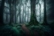 Imagine A dense fog rolling over a mysterious, ancient forest, shrouding towering trees in an ethereal atmosphere. --