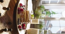 American Traditional Breakfast Pancakes Against Backdrop Of Cozy Kitchen. Sharing Healthy Eating Gluten-free Sugar-free Recipes, Gluten-free Food. Dessert Cheat Meal. Vertical Video, Advertising.