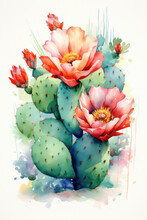 A Mesmerizing Watercolor Painting Captures The Allure Of The Cactus Flower Against A Pristine White Canvas. Each Stroke Brings Forth The Unique Beauty Of This Desert Bloom.