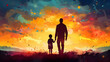 An inspiring illustration of parental care, with a father holding hands with his child during a colorful dusk