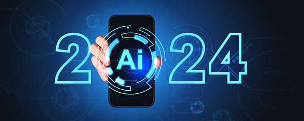 Fototapete - Man hand with phone, AI hologram with 2024 year of new technologies