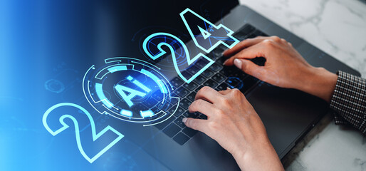 Poster - woman hands with laptop, 2024 ai interface