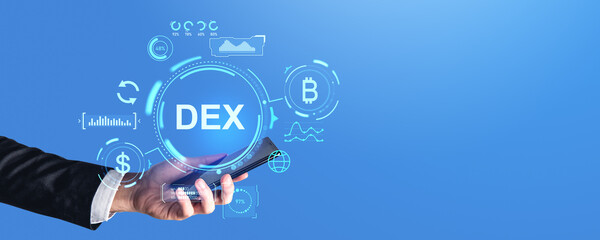 Poster - Man hand with phone DEX hologram hud with bitcoin, indicators. Copy space