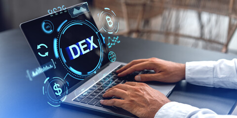 Poster - Man fingers typing in laptop, DEX hologram hud with graph statistics