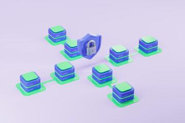 Wall Mural - Top view of data servers connected, blue shield with lock protection