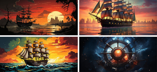 Sticker - sky sea boat sailboat ocean ship sunset water nature travel night sunrise sail landscape light 