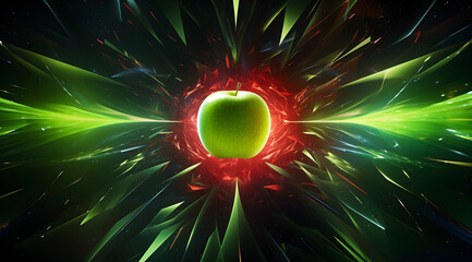 Wall Mural - A juicy green apple with a red neon glow effect and dynamic energy. Abstract illustration of fruit in space environment.