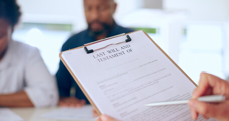 Sticker - Black couple, documents and will with lawyer for finance, advice or legal agreement together at home. Closeup of attorney talking to African man and woman with paperwork, testament or form at house