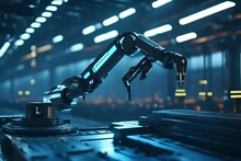 Robotic Arm Working On A Precision Task In A Futuristic Manufacturing Facility With Advanced Automation.