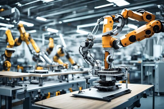 Industrial robot arm assembling a high-tech gadget on a production line