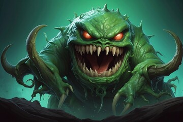 Wall Mural - A picture of detailed green slime monster with a scary smile.