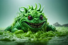 A Picture Of Detailed Green Slime Monster With A Scary Smile.