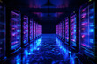 Corridor of a data storage facility with the glow of blue and purple LED lights between the high speed computing servers. Internet and cloud services concept